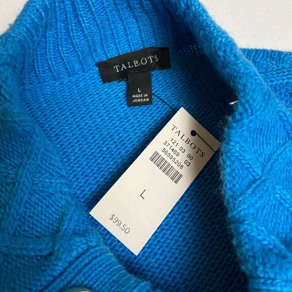 Talbots Women's Blue Mockneck Raglan Sleeve Cable Knit Sweater Size Large NWT - Picture 11 of 12
